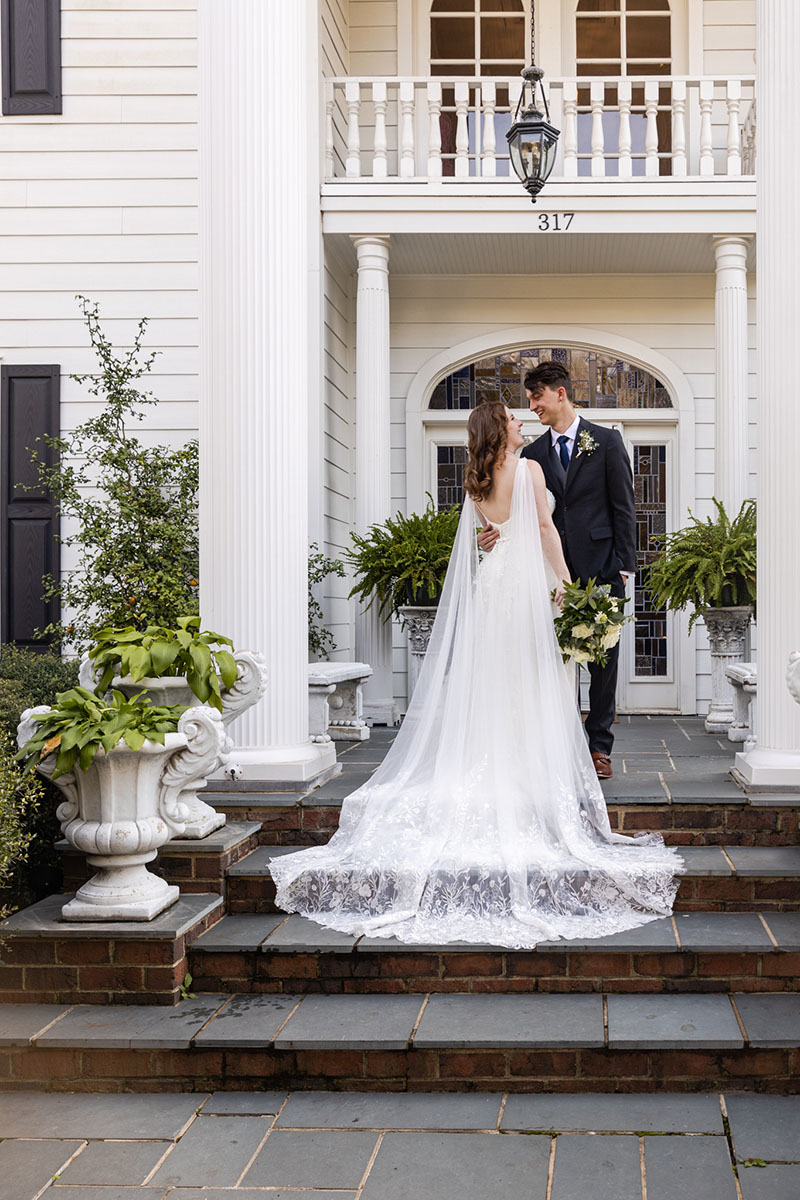 Photoshoot with the Bride and Groom by the front door of The Matthews House